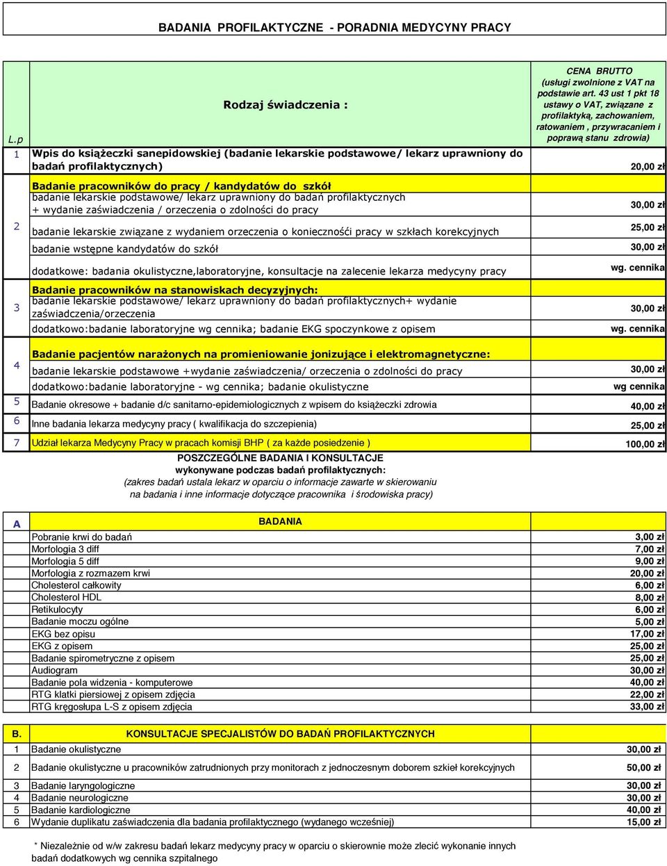 szkół badanie lekarskie podstawowe/ lekarz uprawniony do badań profilaktycznych + wydanie zaświadczenia / orzeczenia o zdolności do pracy badanie lekarskie związane z wydaniem orzeczenia o