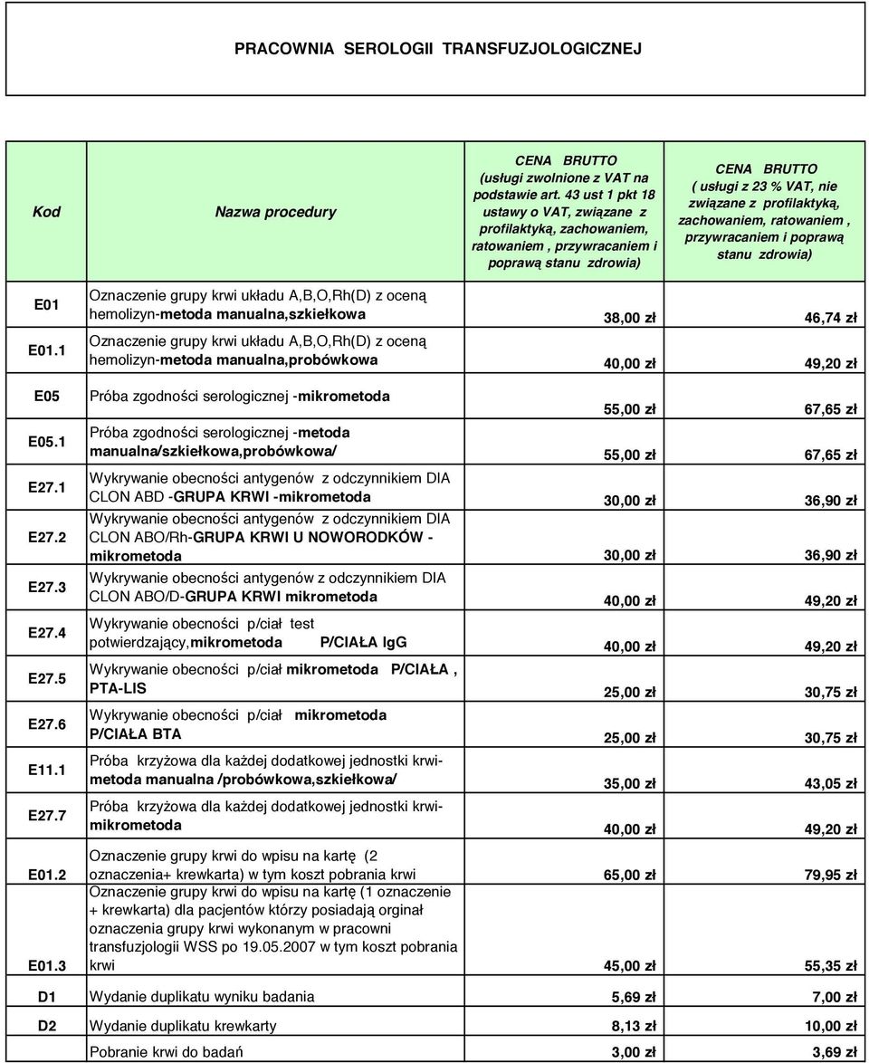 3 Oznaczenie grupy krwi układu A,B,O,Rh(D) z oceną hemolizyn-metoda manualna,szkiełkowa 38,00 zł 46,74 zł Oznaczenie grupy krwi układu A,B,O,Rh(D) z oceną hemolizyn-metoda manualna,probówkowa 40,00