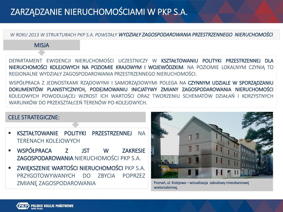 WSPÓŁPRACA Z JEDNOSTKAMI RZĄDOWYMI I SAMORZĄDOWYMI POLEGA NA CZYNNYM UDZIALE W SPORZĄDZANIU DOKUMENTÓW PLANISTYCZNYCH, PODEJMOWANIU INICJATYWY ZMIANY ZAGOSPODAROWANIA NIERUCHOMOŚCI KOLEJOWYCH