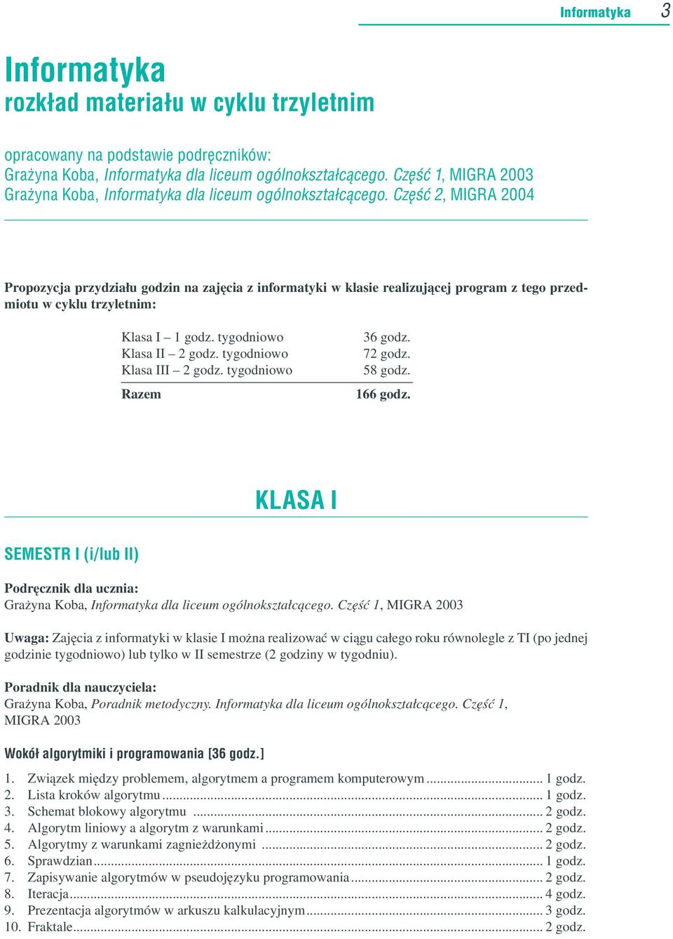 tygodniowo Klasa III godz. tygodniowo Razem 36 godz. 7 godz. 58 godz. 66 godz. KLASA I SEMESTR I (i/lub II) Podręcznik dla ucznia: Grażyna Koba, dla liceum ogólnokształcącego.