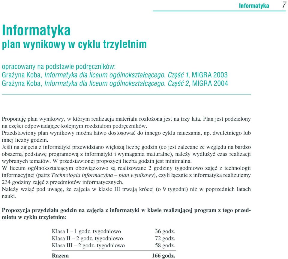 Przedstawiony plan wynikowy można łatwo dostosować do innego cyklu nauczania, np. dwuletniego lub innej liczby godzin.