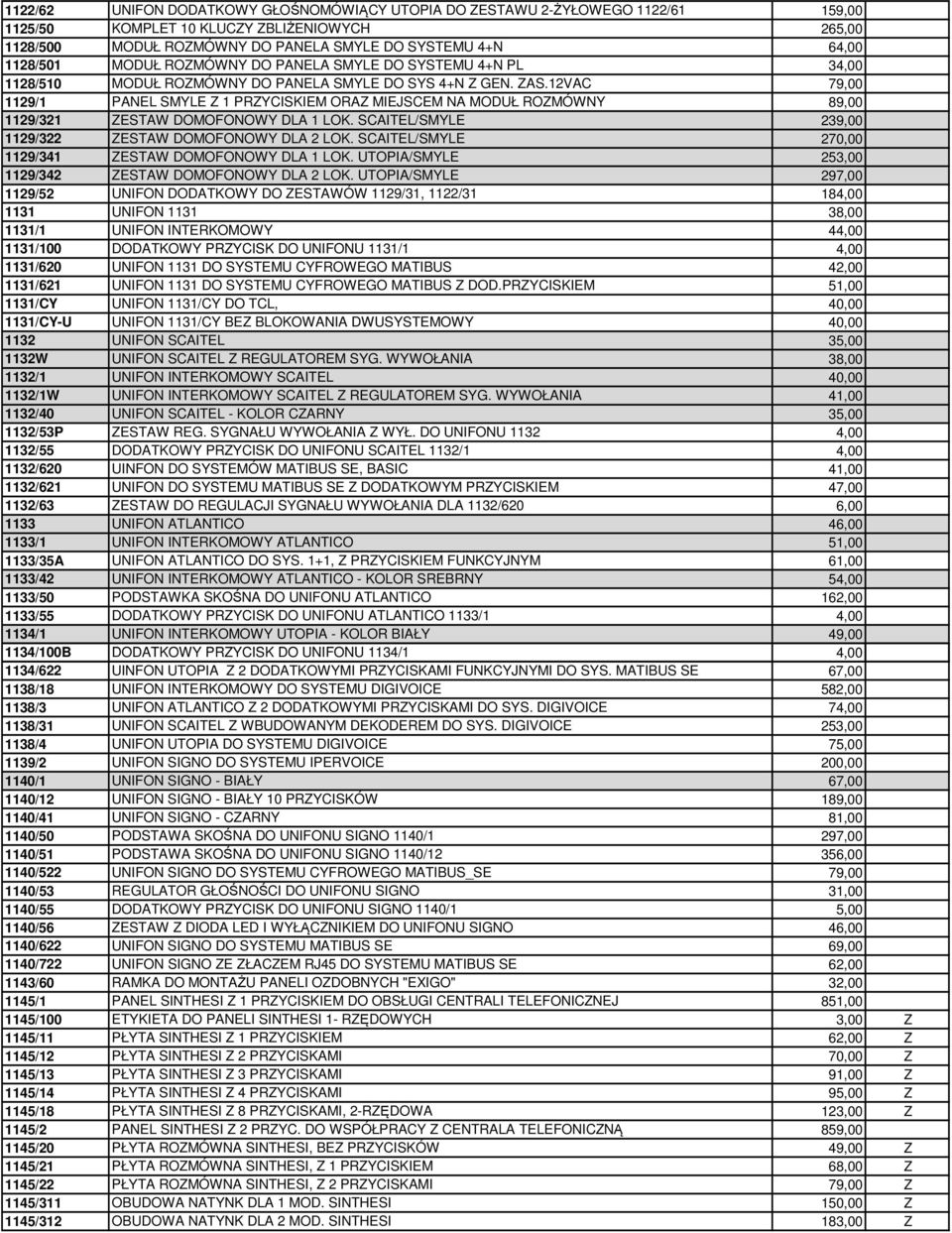 12VAC 79,00 1129/1 PANEL SMYLE Z 1 PRZYCISKIEM ORAZ MIEJSCEM NA MODUŁ ROZMÓWNY 89,00 1129/321 ZESTAW DOMOFONOWY DLA 1 LOK. SCAITEL/SMYLE 239,00 1129/322 ZESTAW DOMOFONOWY DLA 2 LOK.