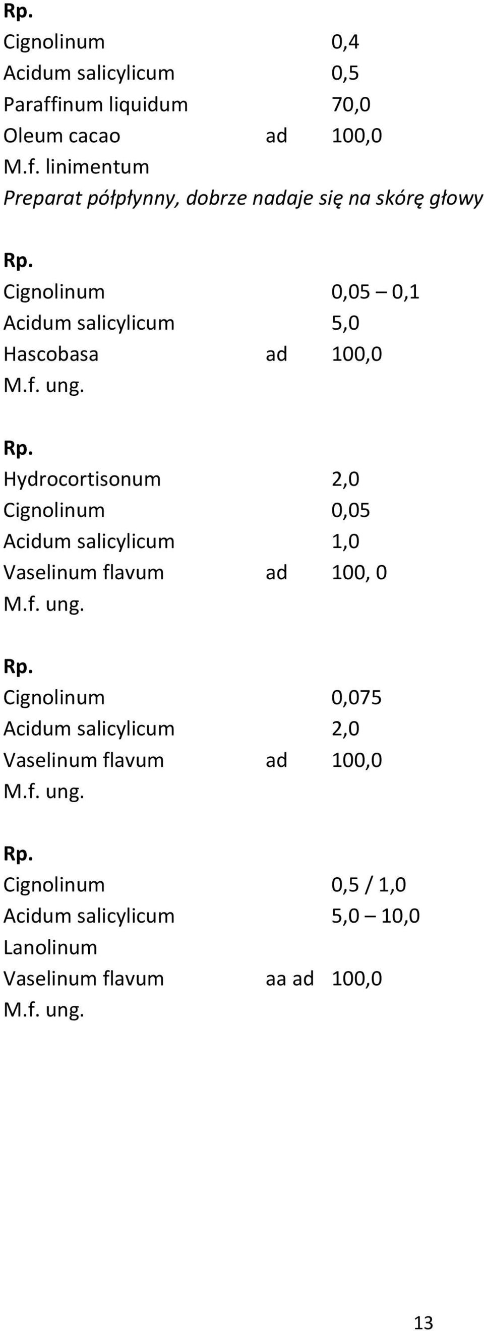 linimentum Preparat półpłynny, dobrze nadaje się na skórę głowy Cignolinum 0,05 0,1 Acidum salicylicum 5,0