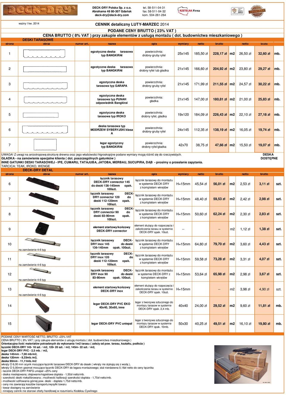 4 tarasowa typ PUNAH odpowiednik Bangkirai gładka 21x145 147,00 zł 180,81 zł m2 21,00 zł 25,83 zł mb. 5 tarasowa typ IROKO drobny ryfel, gładka 19x120 184,09 zł 226,43 zł m2 22,10 zł 27,18 zł mb.