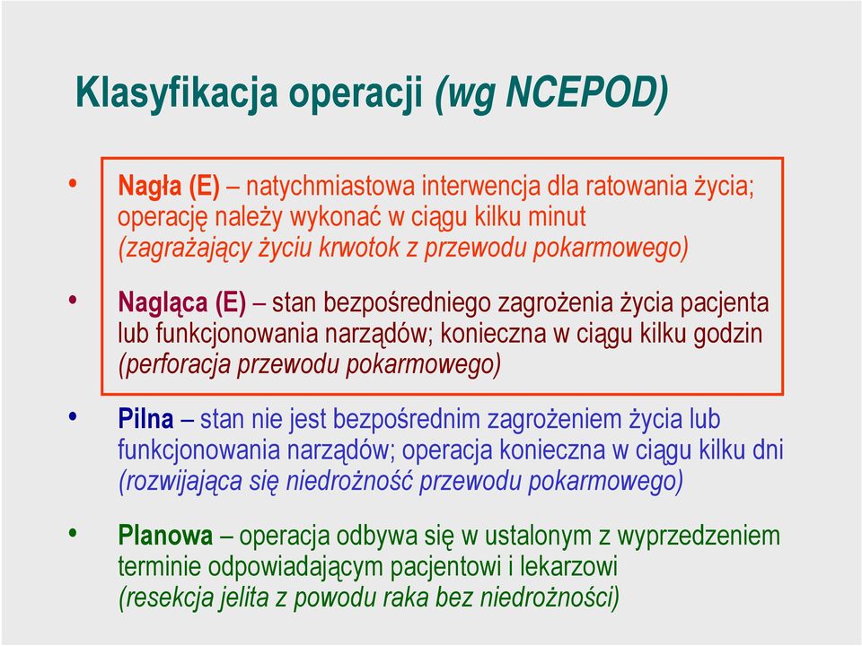 pokarmowego) Pilna stan nie jest bezpośrednim zagrożeniem życia lub funkcjonowania narządów; operacja konieczna w ciągu kilku dni (rozwijająca się niedrożność