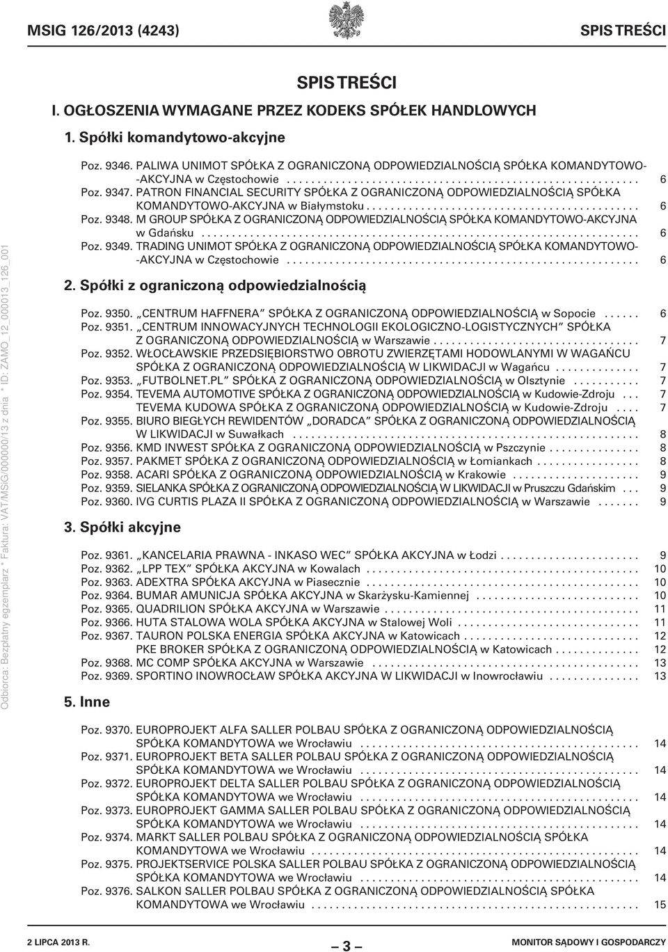 PATRON FINANCIAL SECURITY SPÓŁKA Z OGRANICZONĄ ODPOWIEDZIALNOŚCIĄ SPÓŁKA KOMANDYTOWO-AKCYJNA w Białymstoku............................................. 6 Poz. 9348.