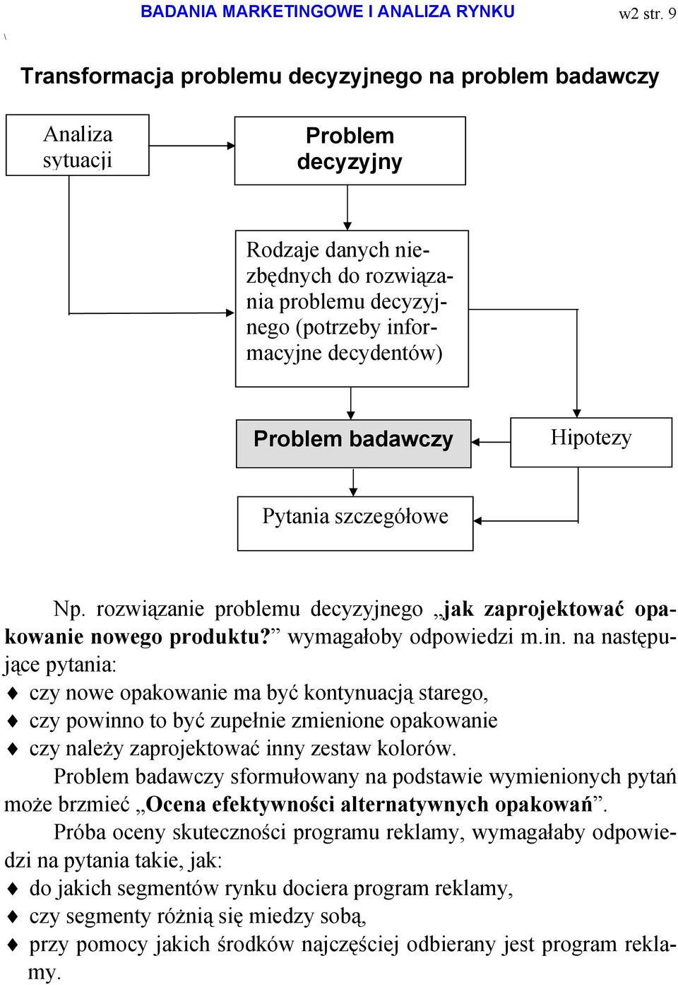 badawczy Hipotezy Pytania szczegółowe Np. rozwiązanie problemu decyzyjnego jak zaprojektować opakowanie nowego produktu? wymagałoby odpowiedzi m.in.