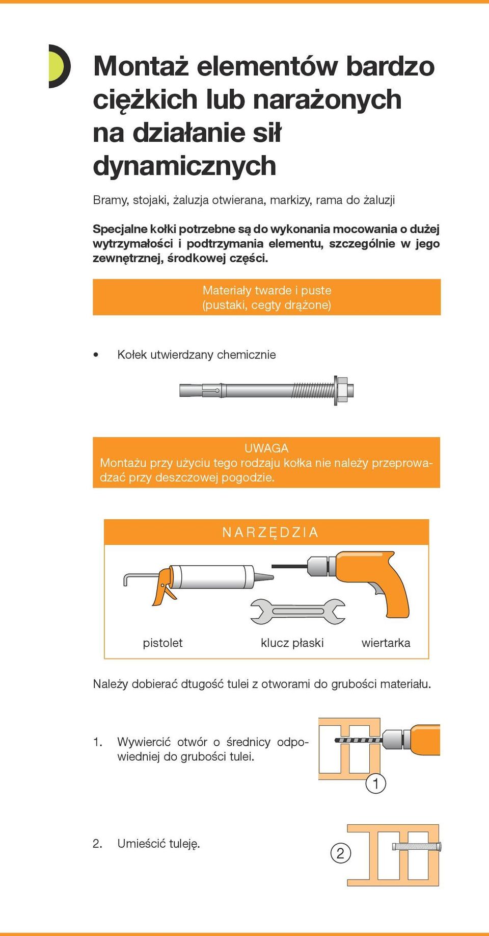 Materiały twarde i puste (pustaki, cegty drążone) Kołek utwierdzany chemicznie UWAGA Montażu przy użyciu tego rodzaju kołka nie należy przeprowadzać przy