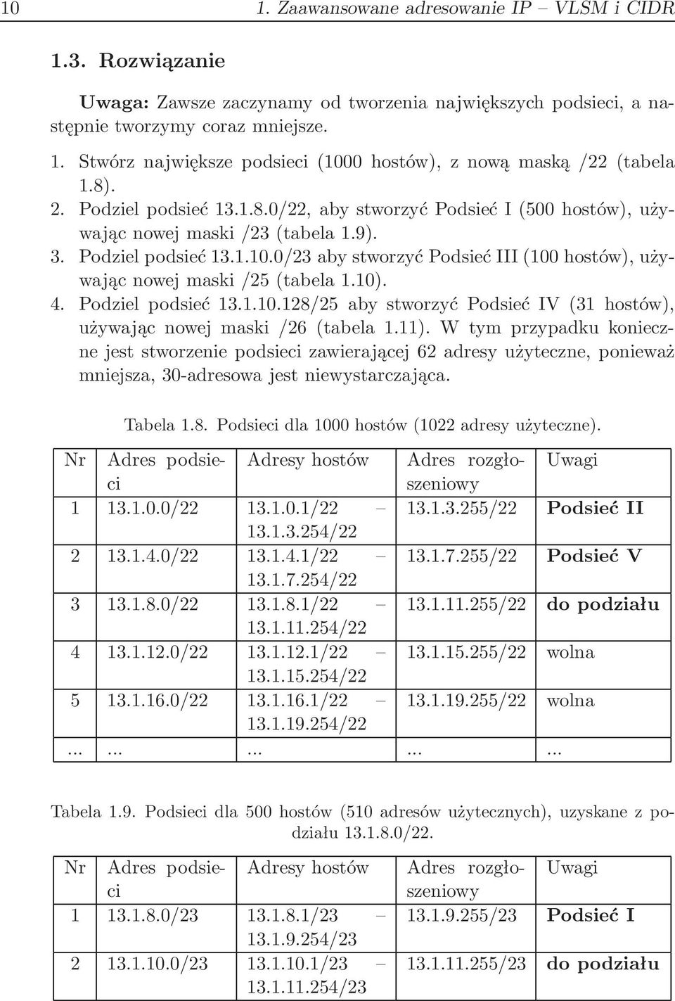 0/23 aby stworzyć Podsieć III(100 hostów), używając nowej maski/25(tabela 1.10). 4. Podziel podsieć 13.1.10.128/25 aby stworzyć Podsieć IV(31 hostów), używając nowej maski/26(tabela 1.11).