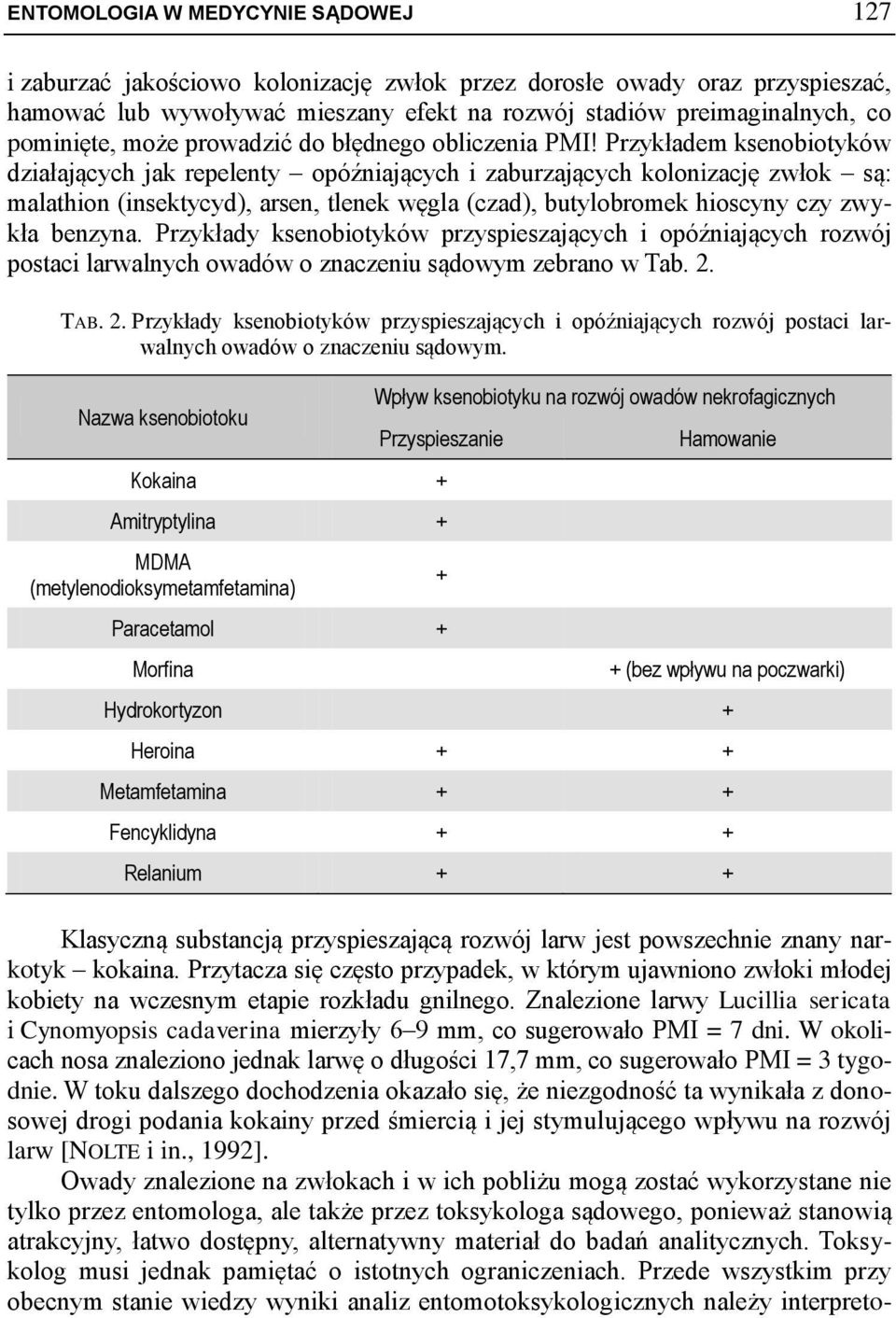 Przykładem ksenobiotyków działających jak repelenty opóźniających i zaburzających kolonizację zwłok są: malathion (insektycyd), arsen, tlenek węgla (czad), butylobromek hioscyny czy zwykła benzyna.