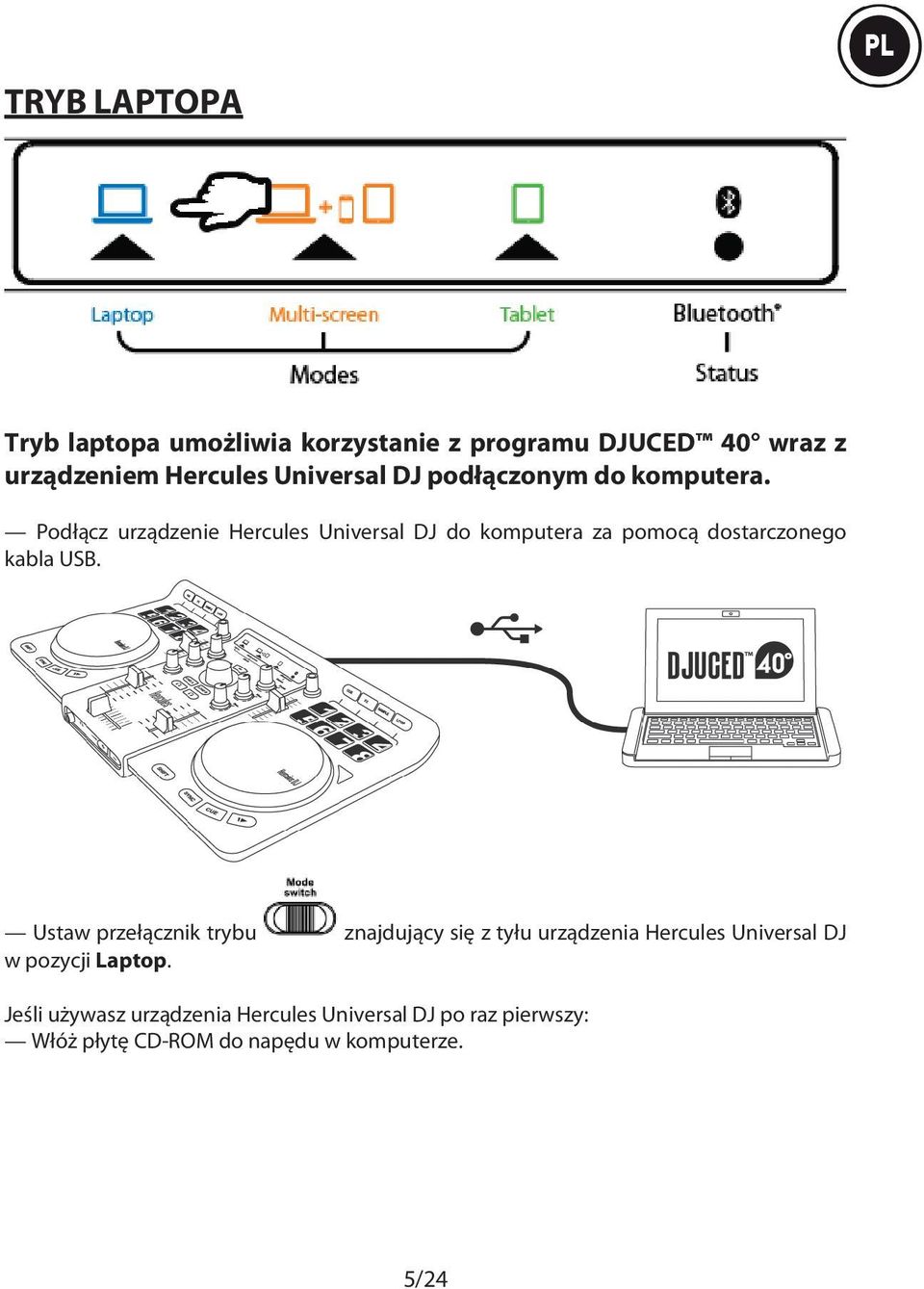 Podłącz urządzenie Hercules Universal DJ do komputera za pomocą dostarczonego kabla USB.