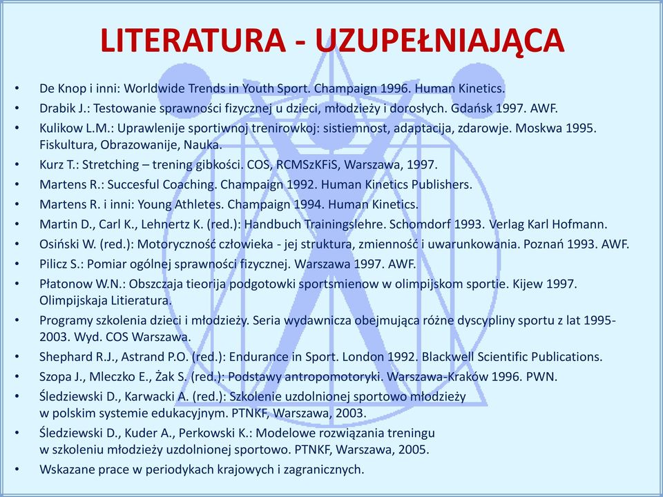 COS, RCMSzKFiS, Warszawa, 1997. Martens R.: Succesful Coaching. Champaign 1992. Human Kinetics Publishers. Martens R. i inni: Young Athletes. Champaign 1994. Human Kinetics. Martin D., Carl K.