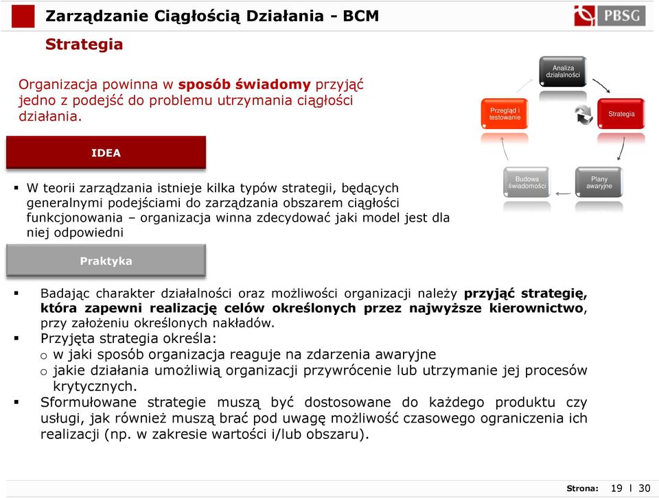 organizacja winna zdecydować jaki model jest dla niej odpowiedni Budowa świadomości Plany awaryjne Praktyka Badając charakter działalności oraz możliwości organizacji należy przyjąć strategię, która