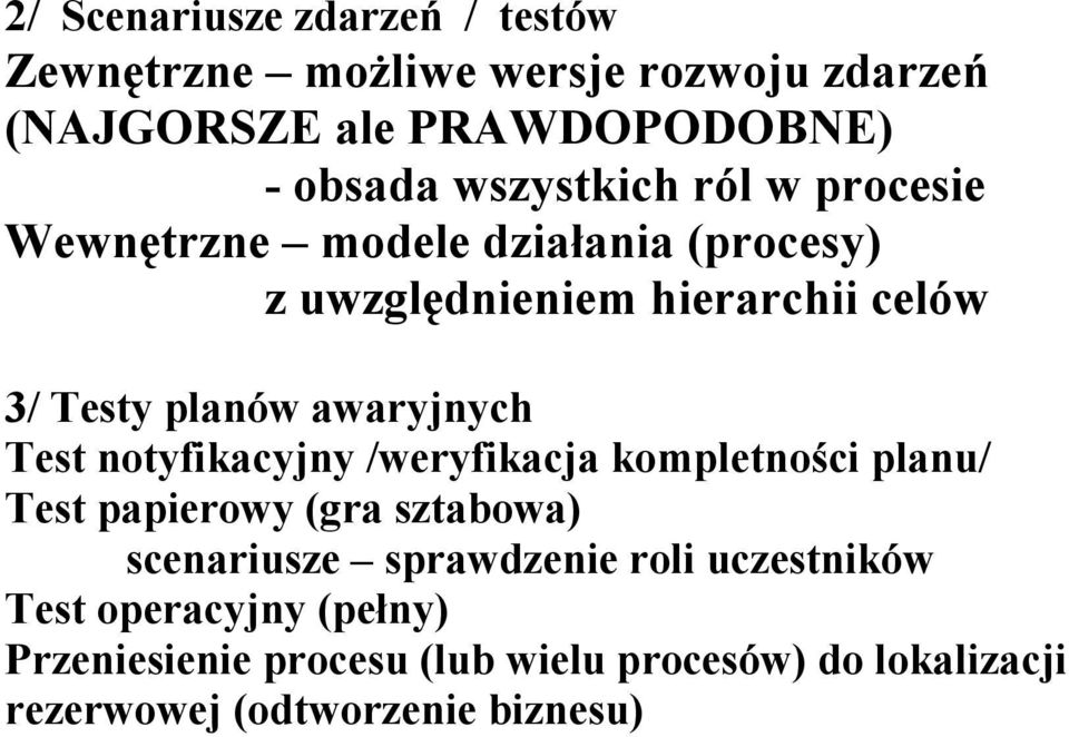 awaryjnych Test notyfikacyjny /weryfikacja kompletności planu/ Test papierowy (gra sztabowa) scenariusze sprawdzenie