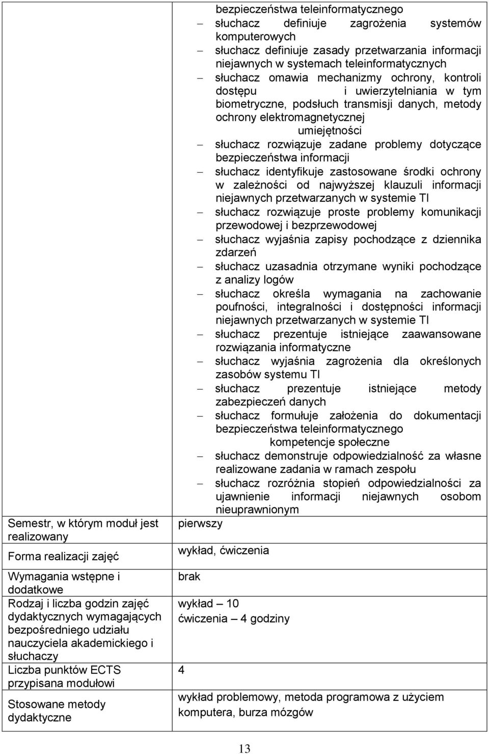 informacji niejawnych w systemach teleinformatycznych słuchacz omawia mechanizmy ochrony, kontroli dostępu i uwierzytelniania w tym biometryczne, podsłuch transmisji danych, metody ochrony