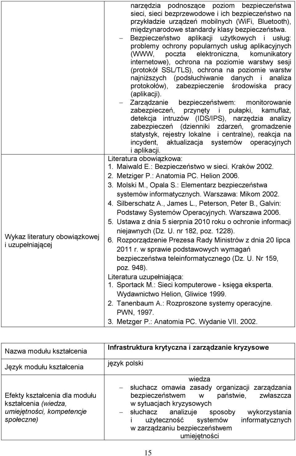 Bezpieczeństwo aplikacji użytkowych i usług: problemy ochrony popularnych usług aplikacyjnych (WWW, poczta elektroniczna, komunikatory internetowe), ochrona na poziomie warstwy sesji (protokół