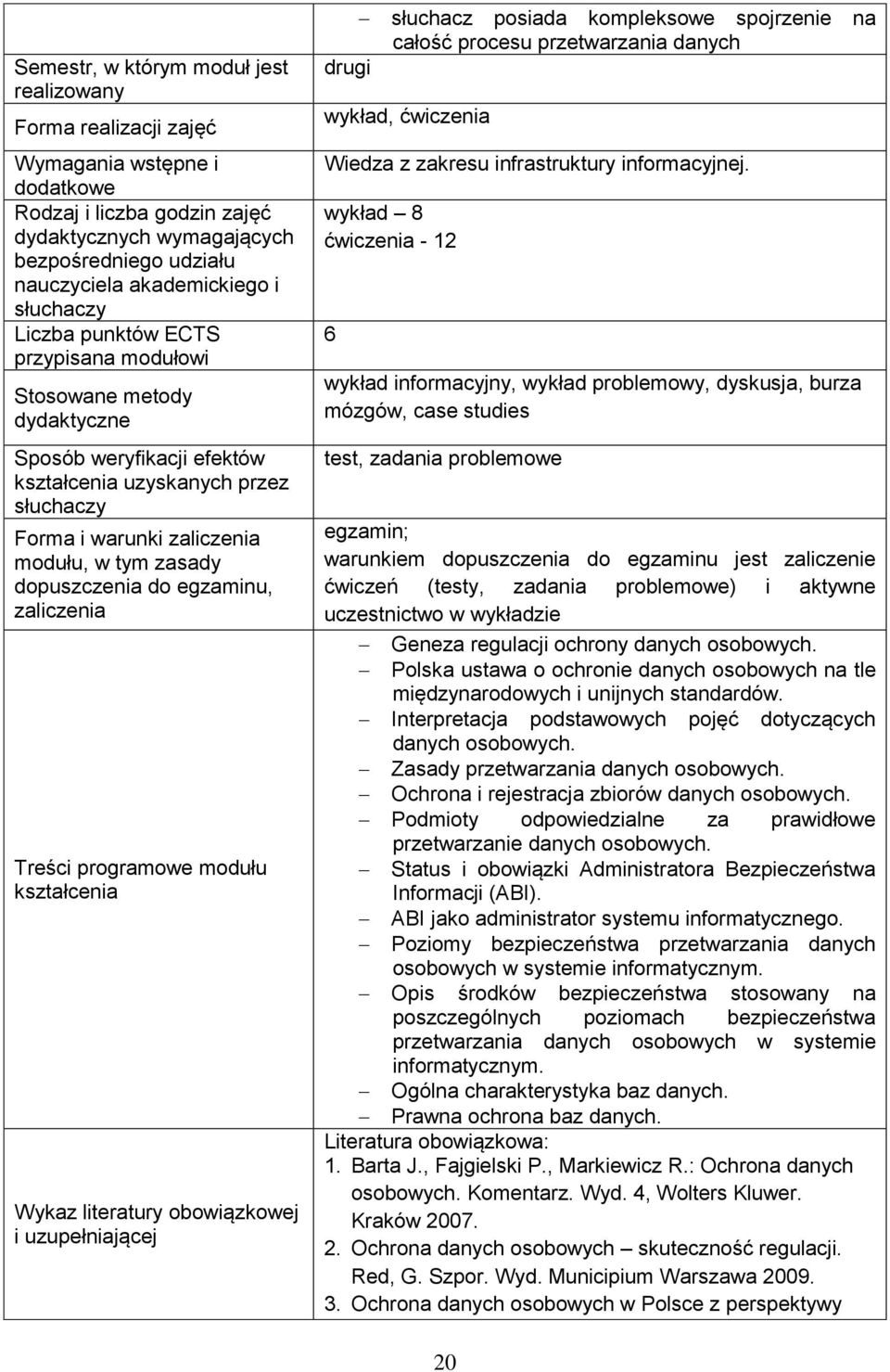 egzaminu, zaliczenia Treści programowe modułu kształcenia Wykaz literatury obowiązkowej i uzupełniającej drugi słuchacz posiada kompleksowe spojrzenie na całość procesu przetwarzania danych wykład,