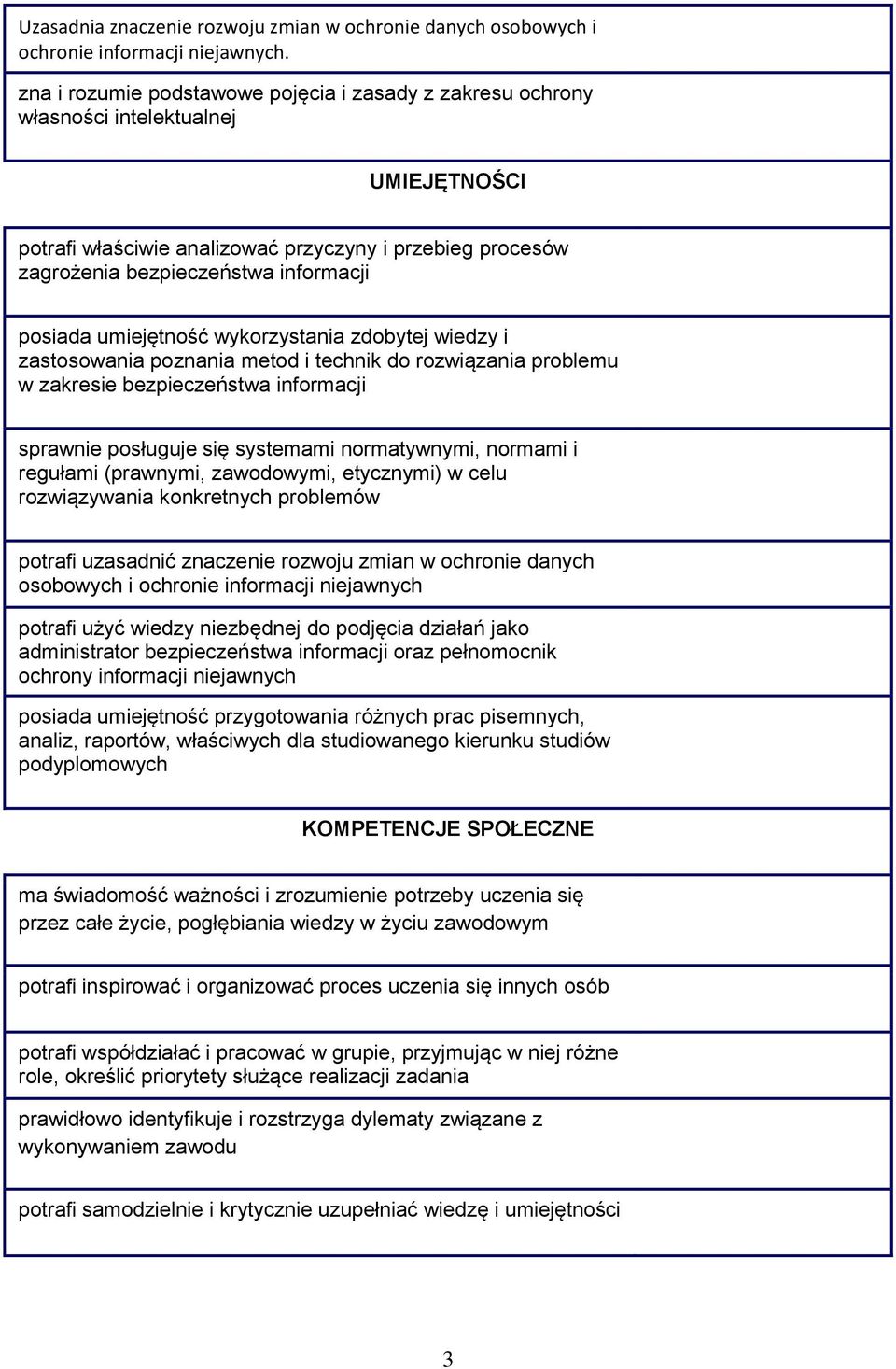 posiada umiejętność wykorzystania zdobytej wiedzy i zastosowania poznania metod i technik do rozwiązania problemu w zakresie bezpieczeństwa informacji sprawnie posługuje się systemami normatywnymi,