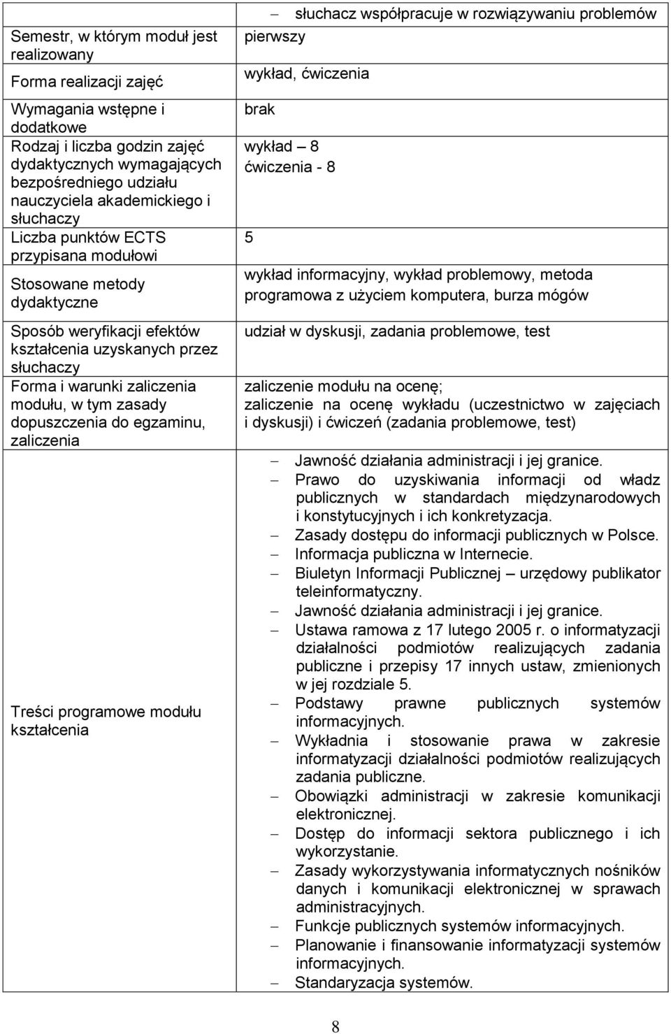 egzaminu, zaliczenia Treści programowe modułu kształcenia słuchacz współpracuje w rozwiązywaniu problemów pierwszy wykład, ćwiczenia brak wykład 8 ćwiczenia - 8 5 wykład informacyjny, wykład