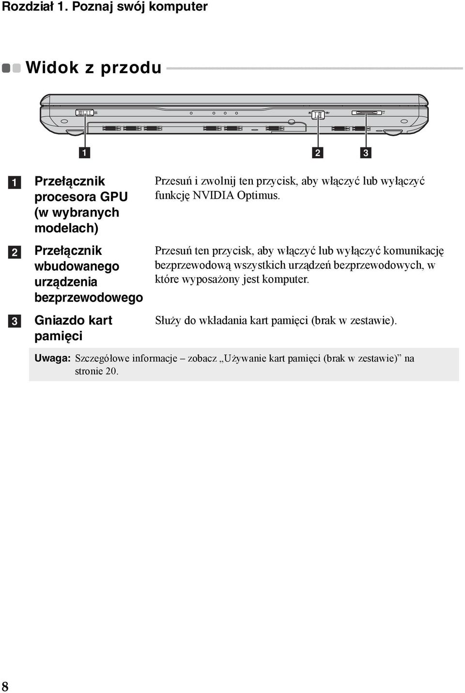 - - - - - - - - - - - - a b c a b c Przełącznik procesora GPU (w wybranych modelach) Przełącznik wbudowanego urządzenia bezprzewodowego Gniazdo kart pamięci Przesuń i zwolnij ten