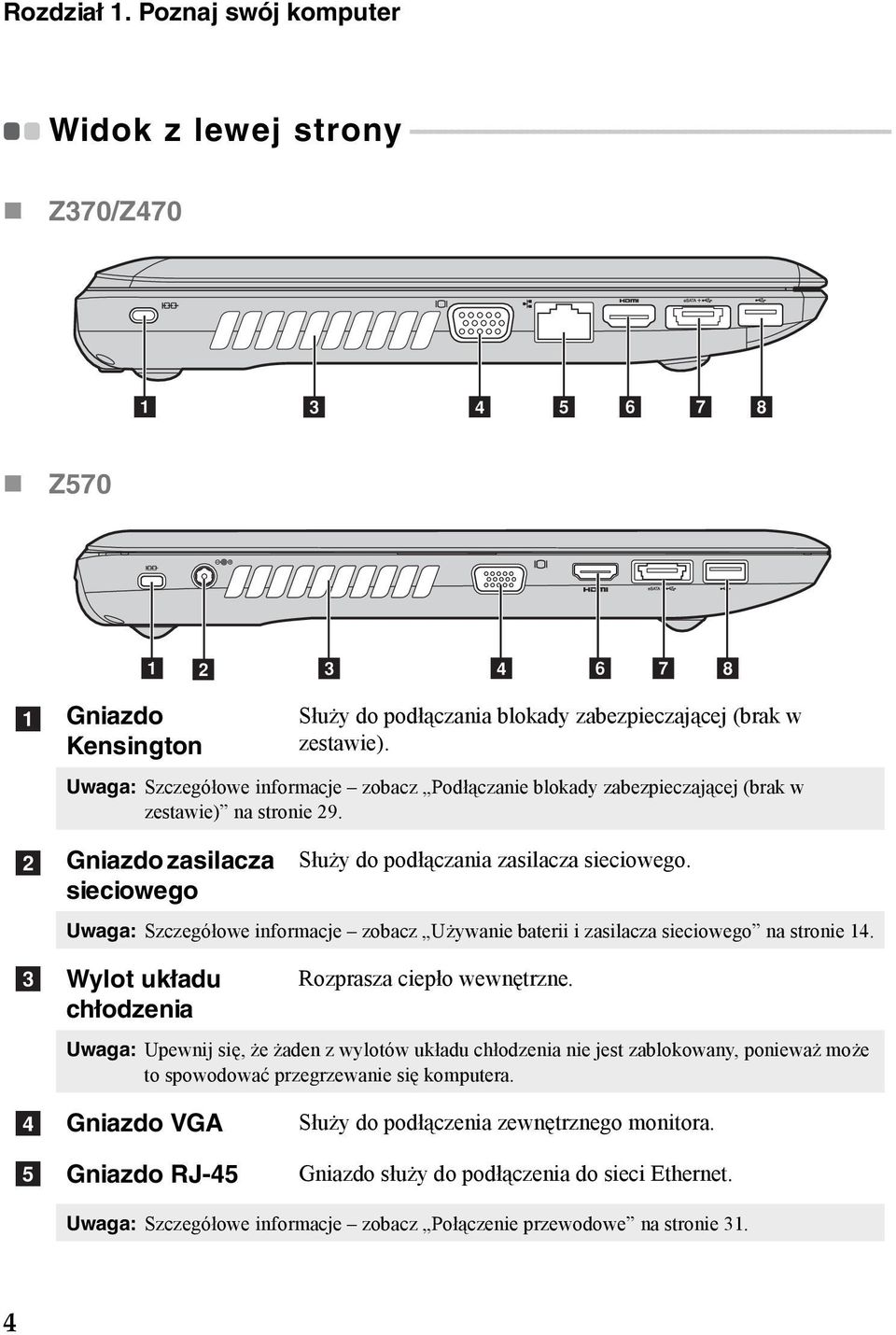 f g h Z570 a b c d f g h a b c Gniazdo Kensington Służy do podłączania blokady zabezpieczającej (brak w zestawie).