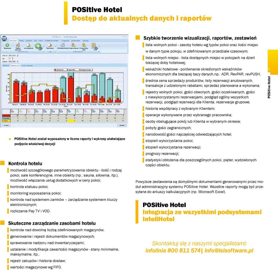 ), możliwość włączania usług dodatkowych w ceny pokoi; kontrola statusu pokoi; monitoring wyposażenia pokoi; kontrola nad systemem zamków zarządzanie systemem kluczy elektronicznych; rozliczanie Pay