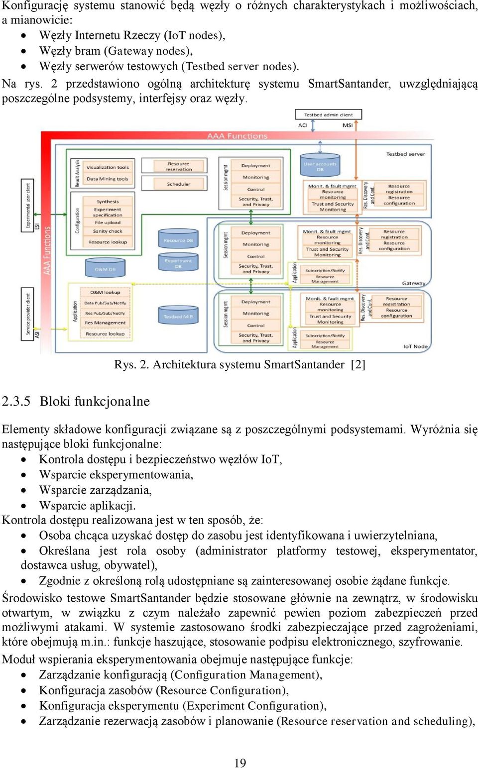 Wyróżnia się następujące bloki funkcjonalne: Kontrola dostępu i bezpieczeństwo węzłów IoT, Wsparcie eksperymentowania, Wsparcie zarządzania, Wsparcie aplikacji.