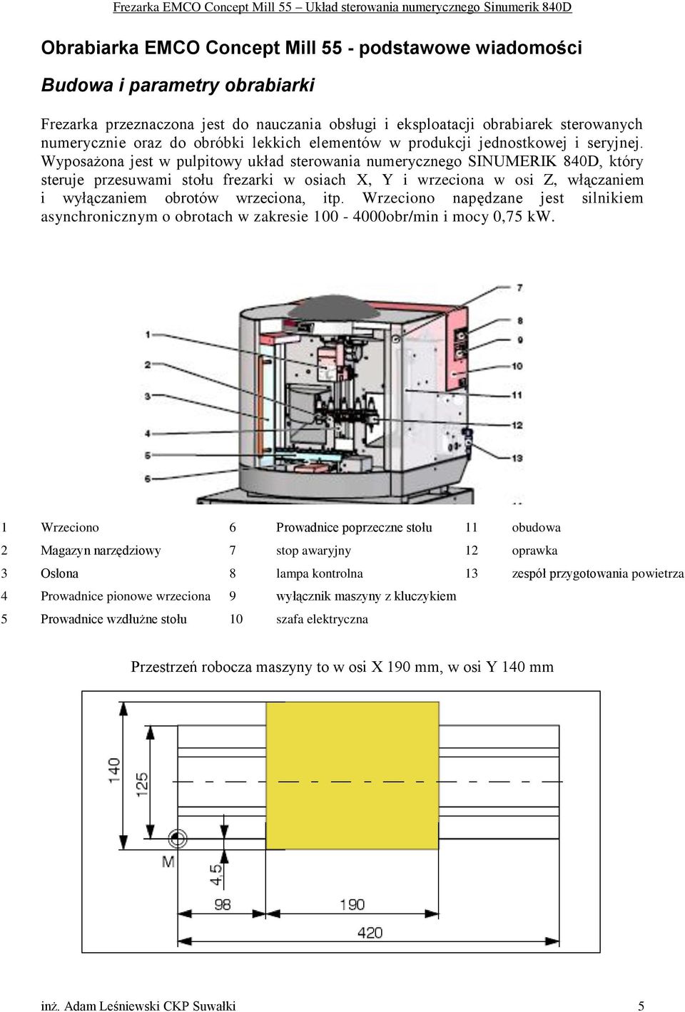 Wyposażona jest w pulpitowy układ sterowania numerycznego SINUMERIK 840D, który steruje przesuwami stołu frezarki w osiach X, Y i wrzeciona w osi Z, włączaniem i wyłączaniem obrotów wrzeciona, itp.