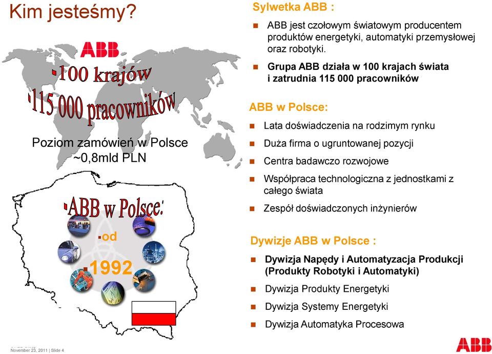 Grupa ABB działa w 100 krajach świata i zatrudnia 115 000 pracowników ABB w Polsce: Lata doświadczenia na rodzimym rynku Duża firma o ugruntowanej pozycji Centra