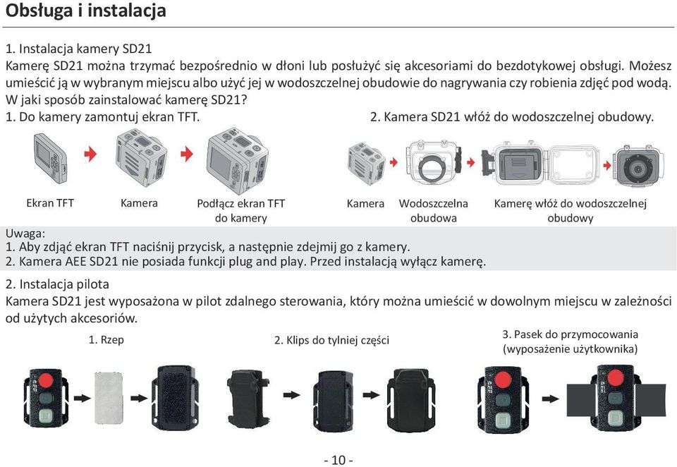 Kamera SD21 włóż do wodoszczelnej obudowy. Ekran TFT Kamera Podłącz ekran TFT do kamery Kamera Wodoszczelna obudowa Kamerę włóż do wodoszczelnej obudowy Uwaga: 1.