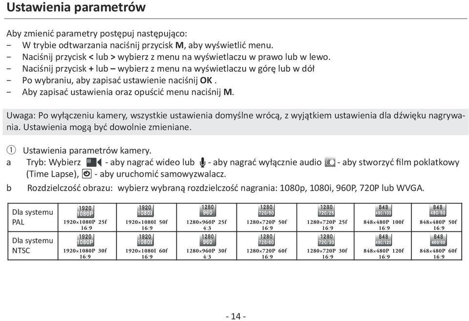 Aby zapisać ustawienia oraz opuścić menu naciśnij M. Uwaga: Po wyłączeniu kamery, wszystkie ustawienia domyślne wrócą, z wyjątkiem ustawienia dla dźwięku nagrywania.