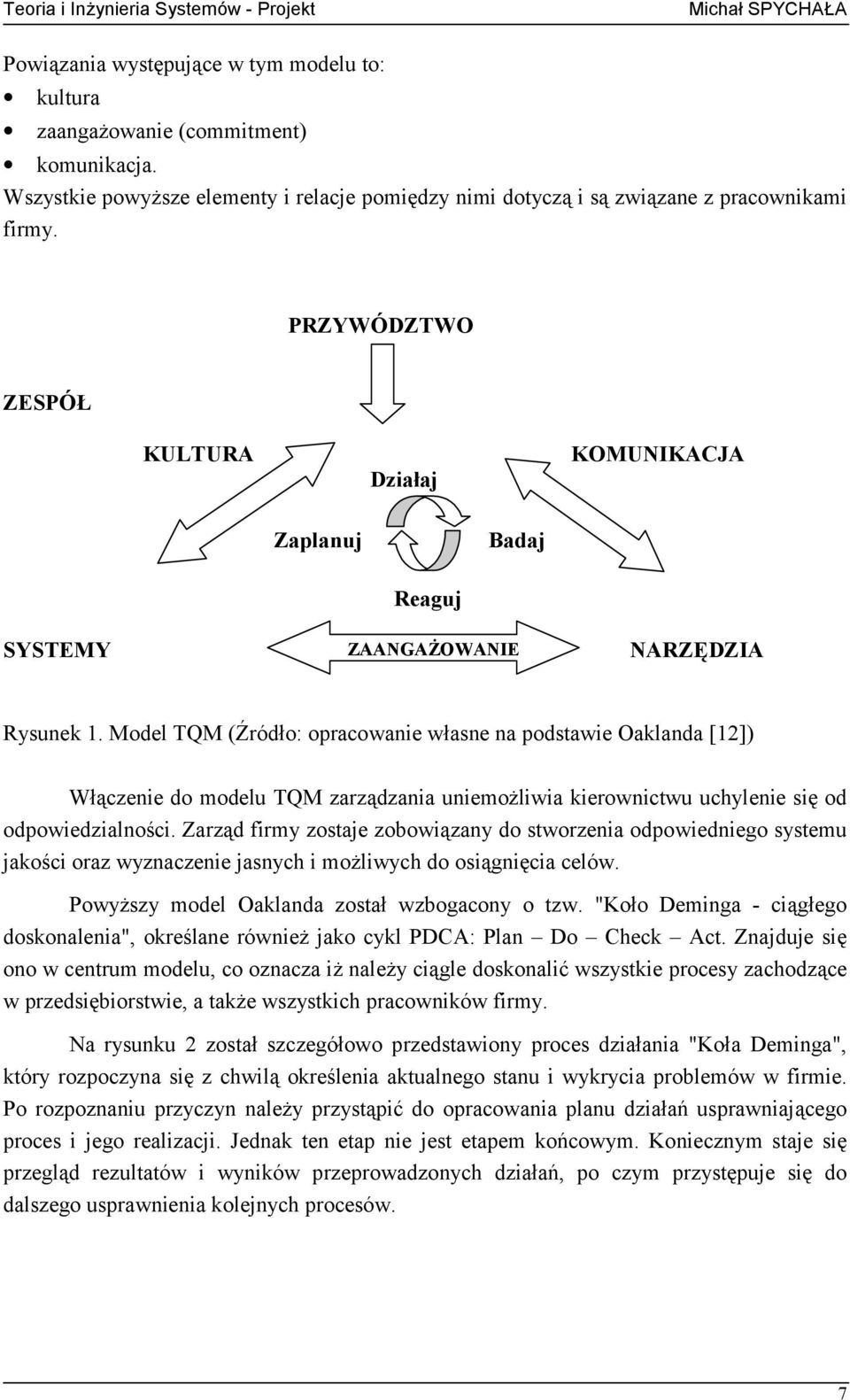 Model TQM (Źródło: opracowanie własne na podstawie Oaklanda [12]) Włączenie do modelu TQM zarządzania uniemożliwia kierownictwu uchylenie się od odpowiedzialności.