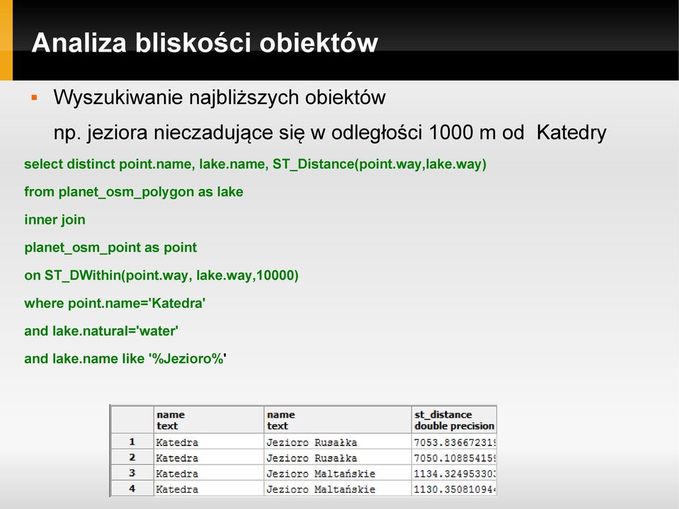 name, ST_Distance(point.way,lake.