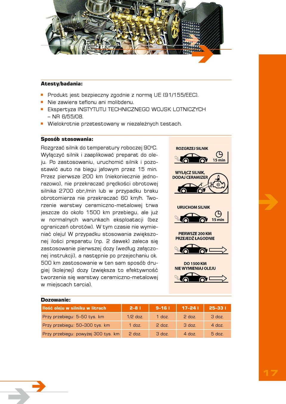 Po zastosowaniu, uruchomić silnik i pozostawić auto na biegu jałowym przez 15 min. Przez pierwsze 200 km (niekoniecznie jednorazowo), nie przekraczać prędkości obrotowej silnika 2700 obr.