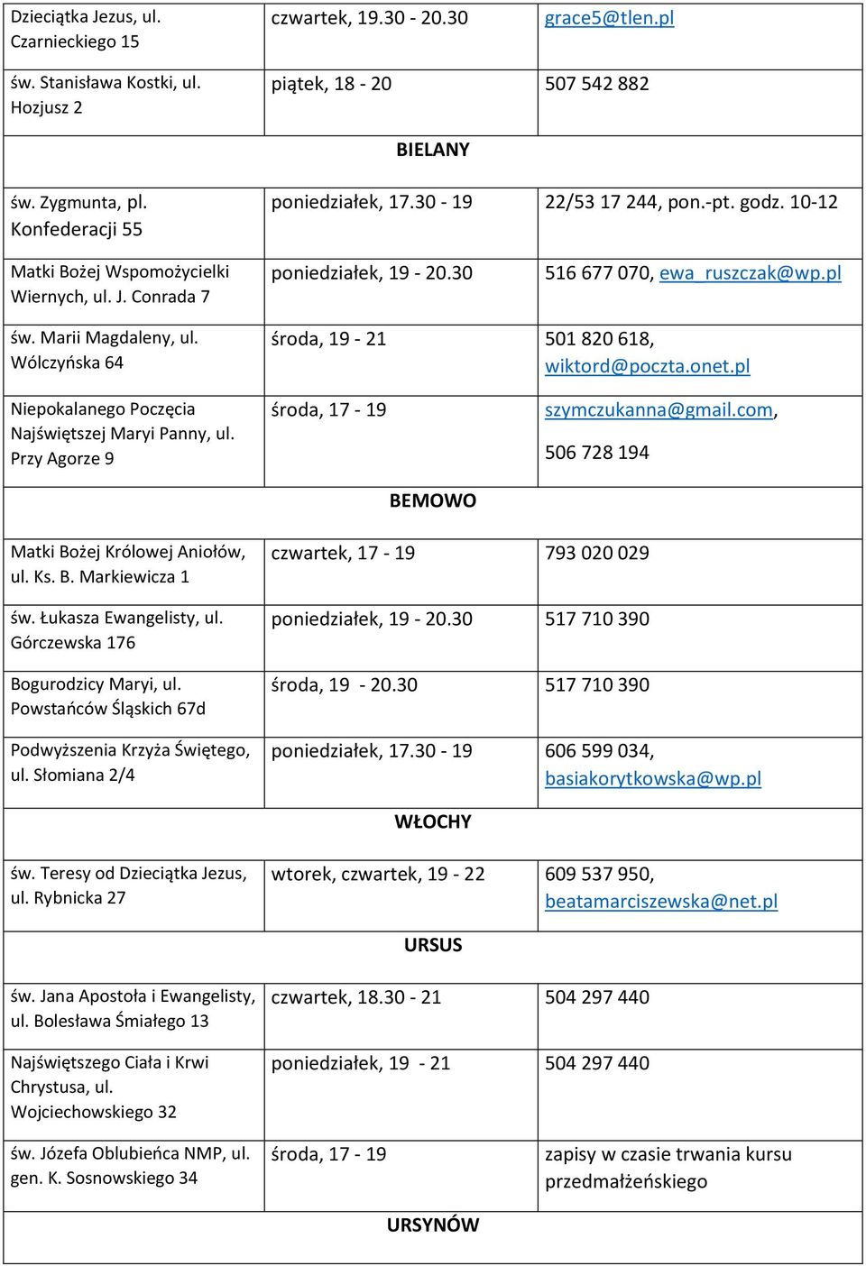 Wólczyńska 64 środa, 19-21 501 820 618, wiktord@poczta.onet.pl Niepokalanego Poczęcia Najświętszej Maryi Panny, ul. Przy Agorze 9 szymczukanna@gmail.