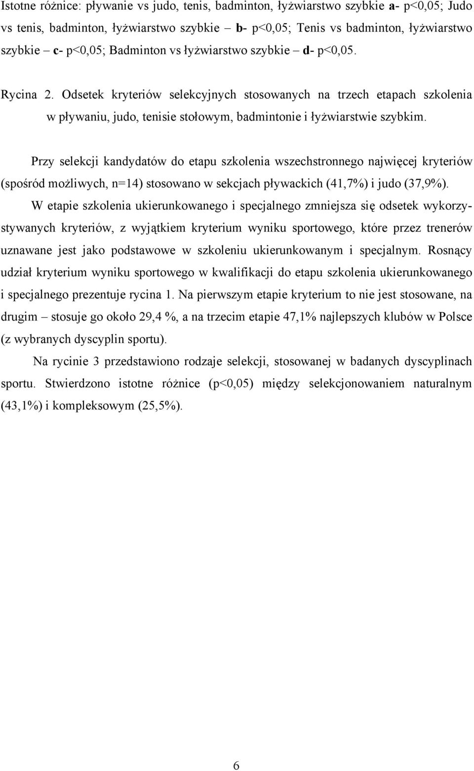 Przy selekcji kandydatów do etapu szkolenia wszechstronnego najwięcej kryteriów (spośród możliwych, n=14) stosowano w sekcjach pływackich (41,7%) i judo (37,9%).