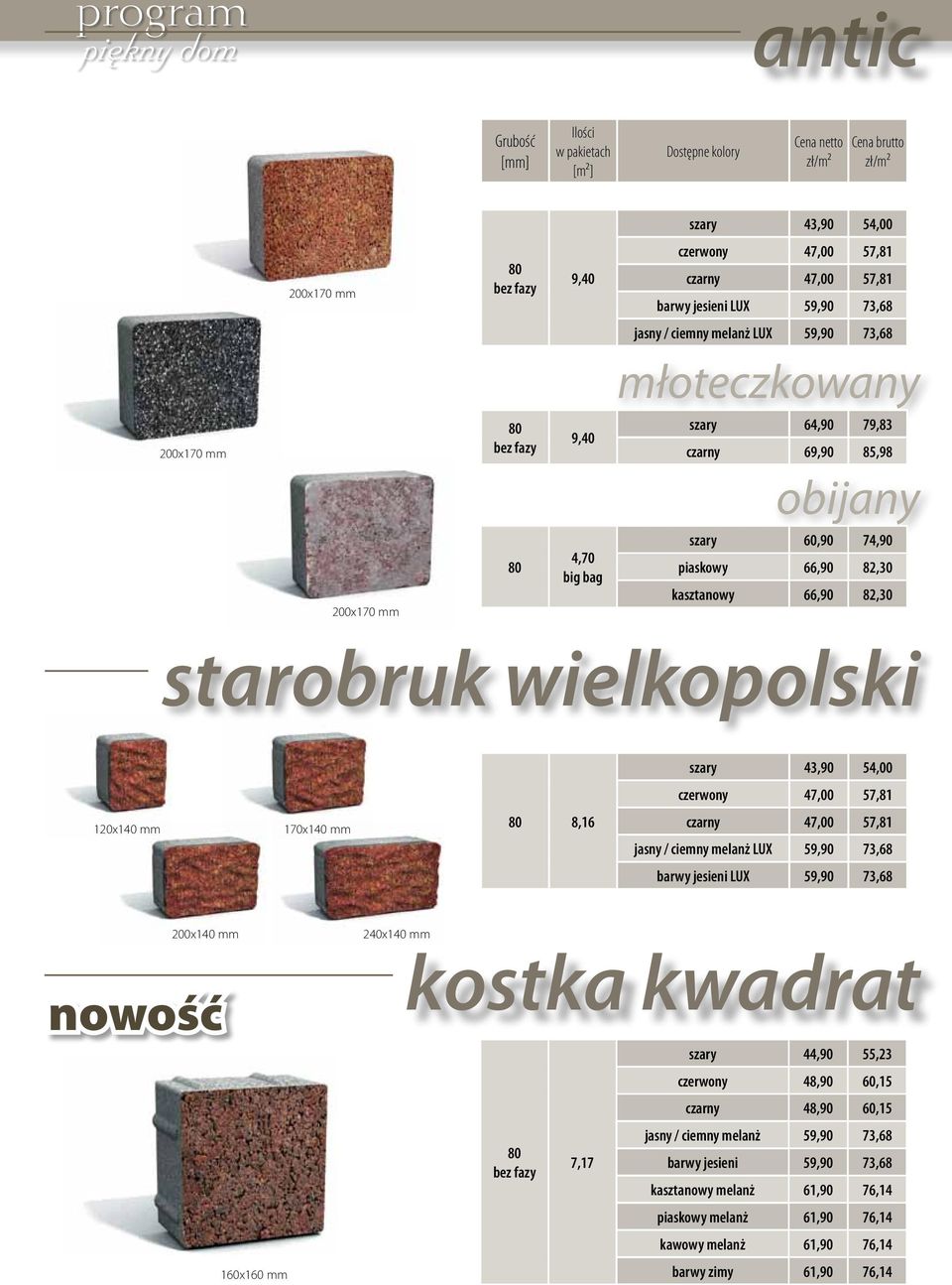 120x140 mm 170x140 mm 80 8,16 czarny 47,00 57,81 jasny / ciemny melanż LUX 59,90 73,68 barwy jesieni LUX 59,90 73,68 200x140 mm nowość 160x160 mm 240x140 mm kostka kwadrat 80 bez fazy 7,17 szary