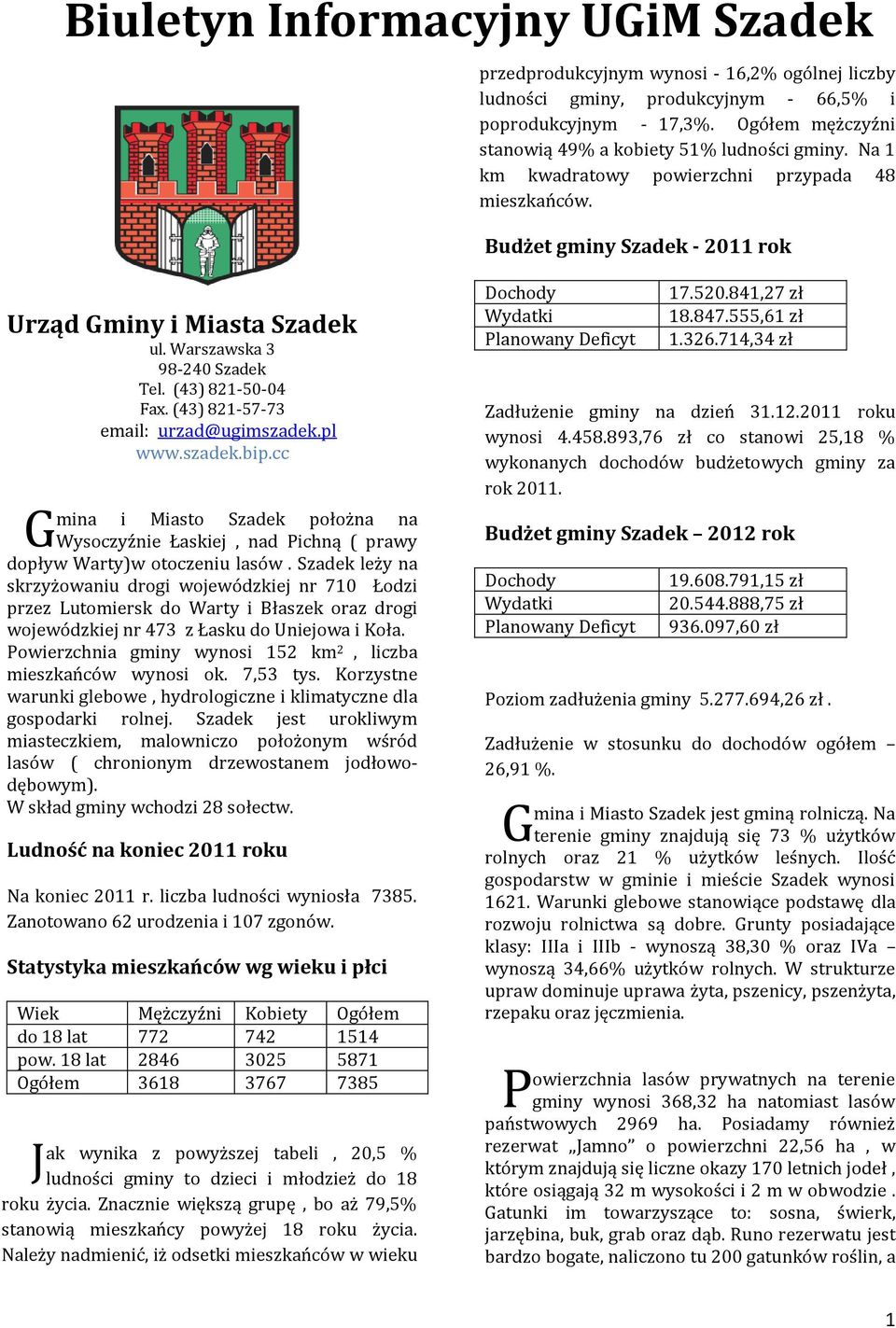 (43) 821-50-04 Fax. (43) 821-57-73 email: urzad@ugimszadek.pl www.szadek.bip.cc G mina i Miasto Szadek położna na Wysoczyźnie Łaskiej, nad Pichną ( prawy dopływ Warty)w otoczeniu lasów.