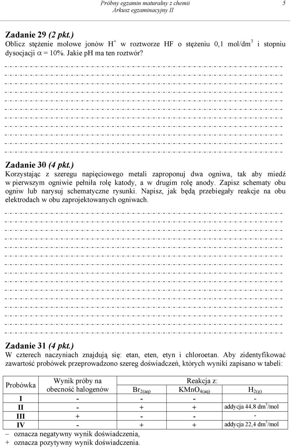 Zapisz schematy obu ogniw lub narysuj schematyczne rysunki. Napisz, jak będą przebiegały reakcje na obu elektrodach w obu zaprojektowanych ogniwach. Zadanie 31 (4 pkt.