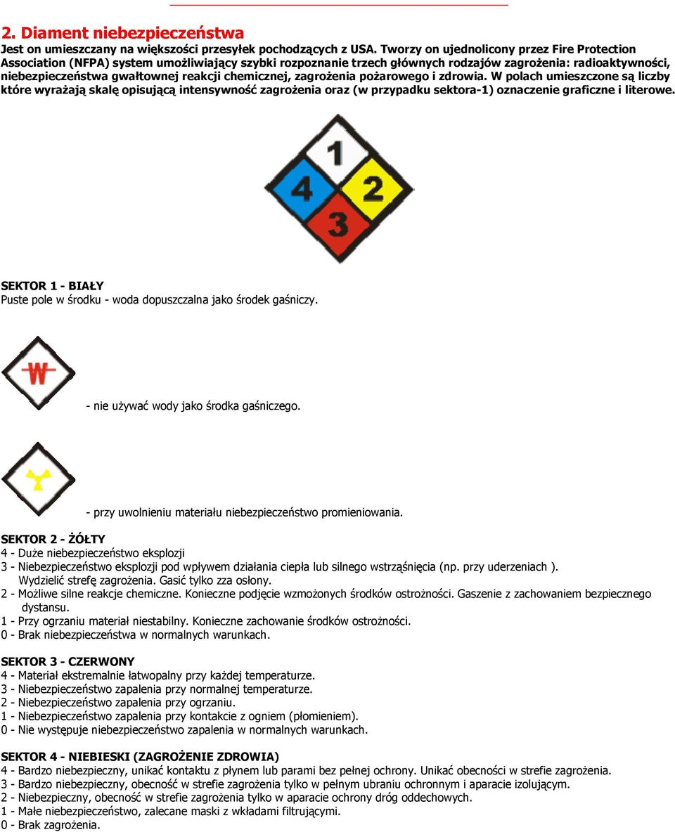 chemicznej, zagrożenia pożarowego i zdrowia. W polach umieszczone są liczby które wyrażają skalę opisującą intensywność zagrożenia oraz (w przypadku sektora-1) oznaczenie graficzne i literowe.