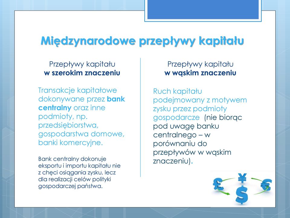 Bank centralny dokonuje eksportu i importu kapitału nie z chęci osiągania zysku, lecz dla realizacji celów polityki gospodarczej