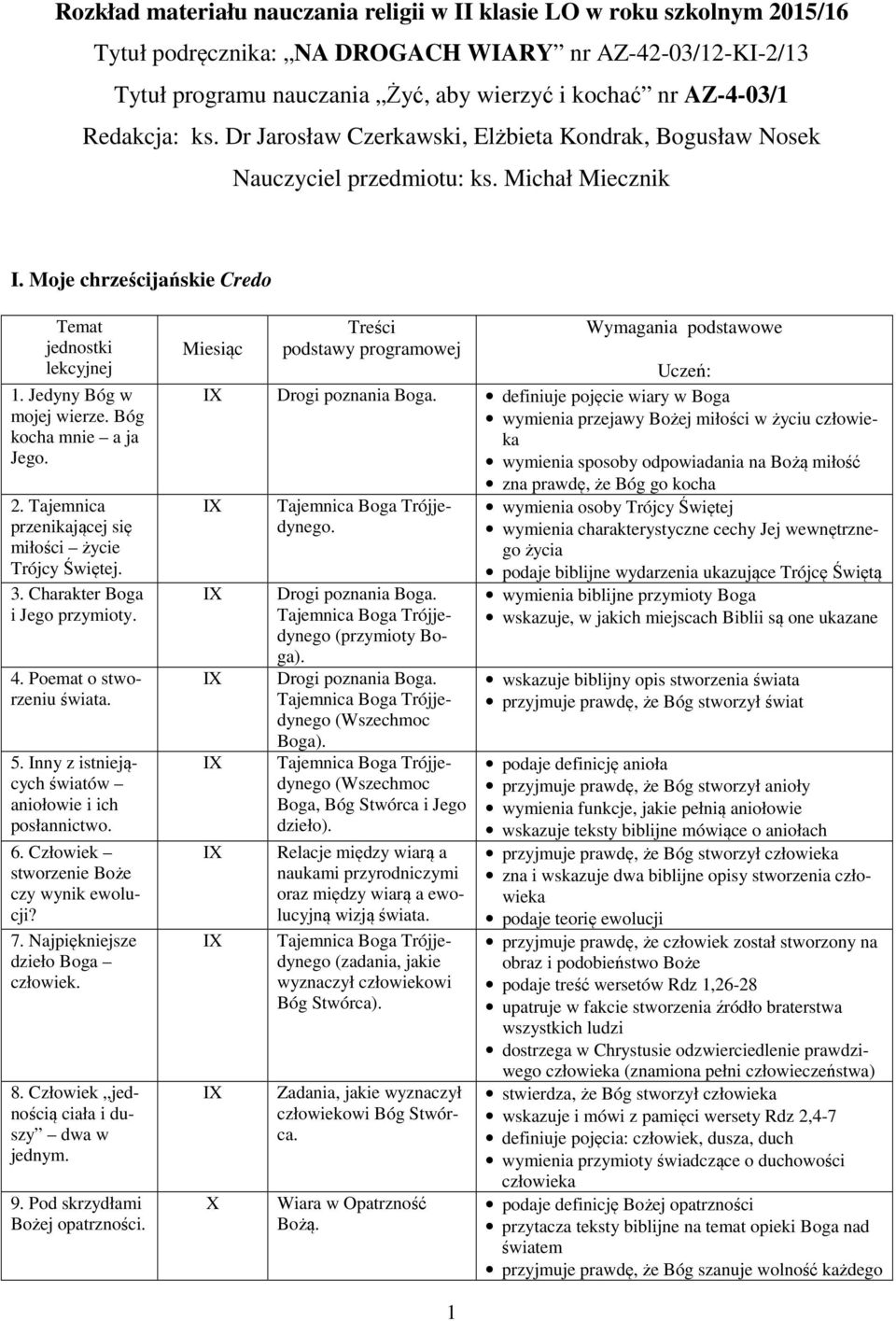Tajemnica przenikającej się miłości życie Trójcy Świętej. 3. Charakter Boga i Jego przymioty. 4. Poemat o stworzeniu 5. nny z istniejących światów aniołowie i ich posłannictwo. 6.