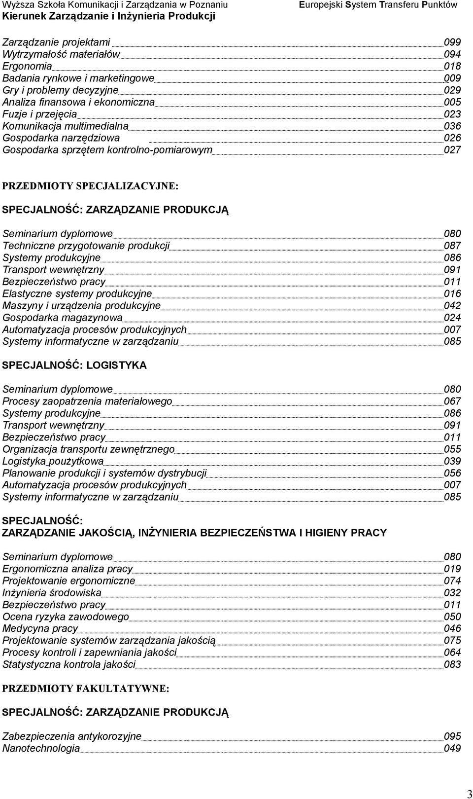 Techniczne przygotowanie produkcji 087 Systemy produkcyjne 086 Transport wewnętrzny 091 Bezpieczeństwo pracy 011 Elastyczne systemy produkcyjne 016 Maszyny i urządzenia produkcyjne 042 Gospodarka