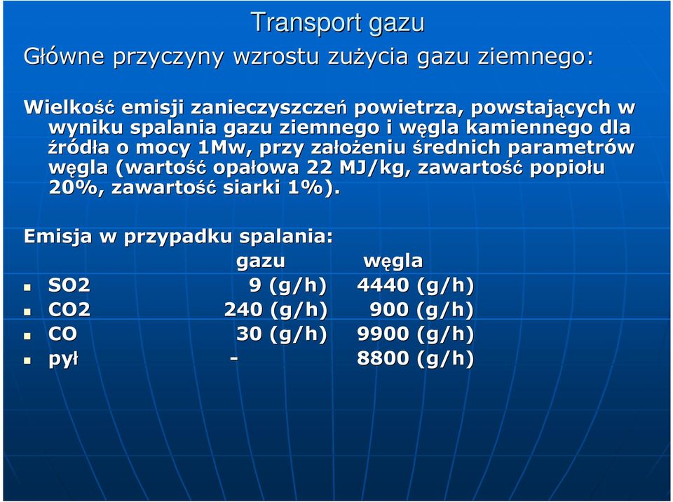 parametrów węgla (wartość opałowa owa 22 MJ/kg, zawartość popiołu 20%, zawartość siarki 1%).