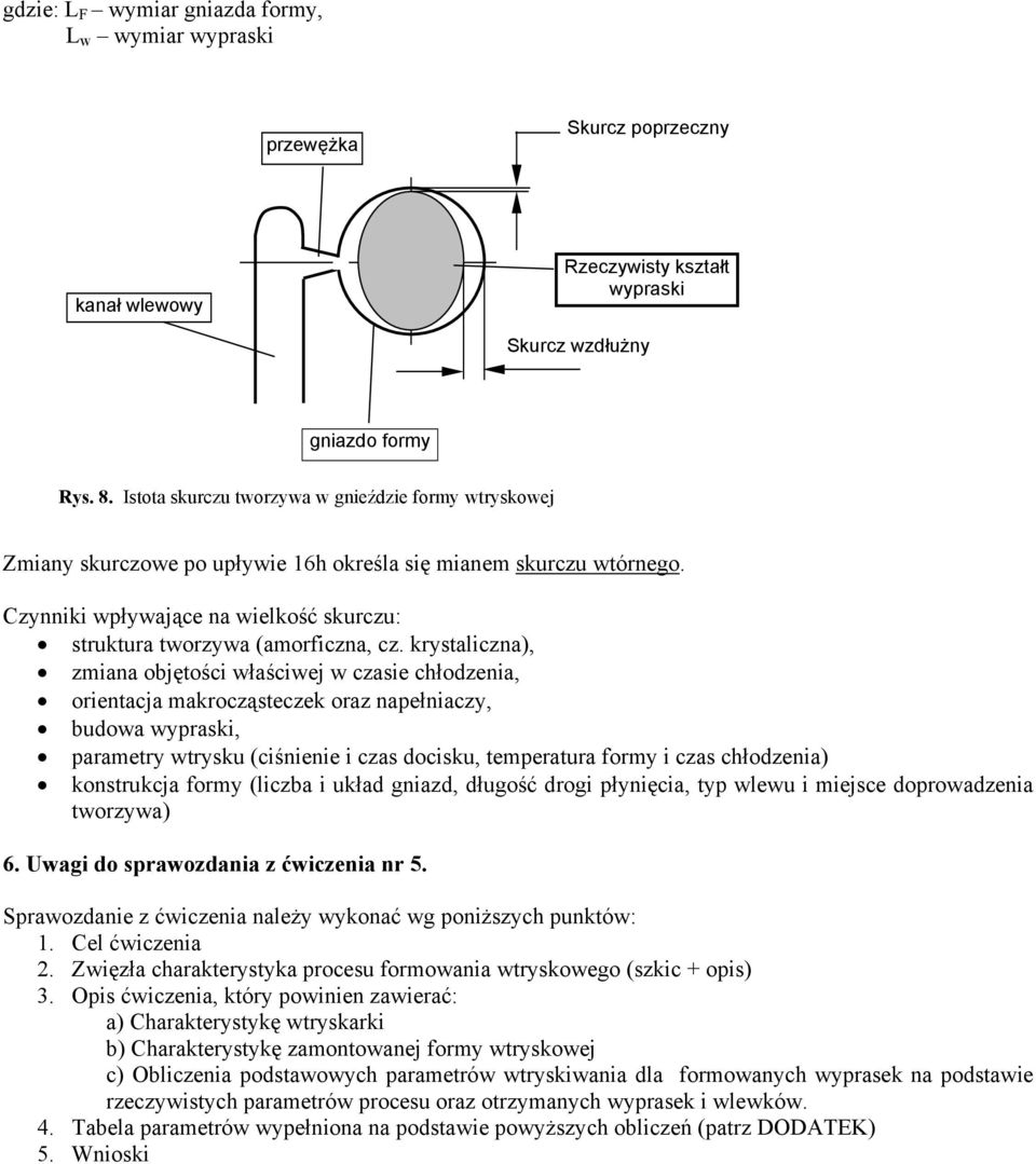 krystaliczna), zmiana objętości łaściej czasie chłodzenia, orientacja makrocząsteczek oraz napełniaczy, budoa ypraski, parametry trysku (ciśnienie i czas docisku, temperatura formy i czas chłodzenia)