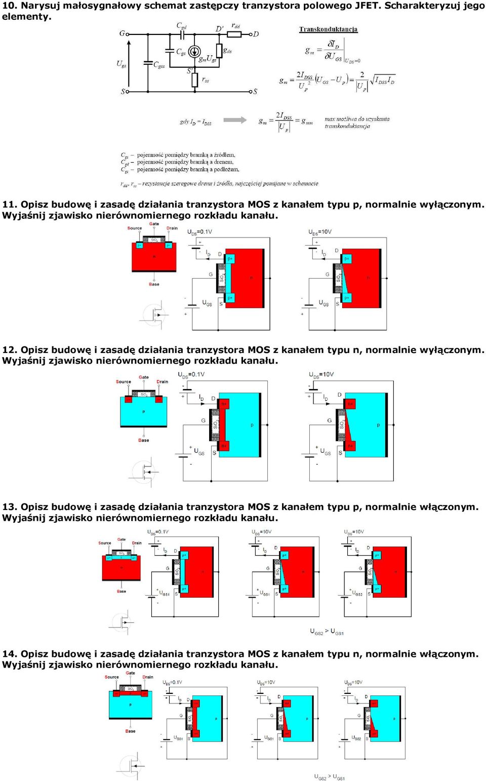 Opisz budowę i zasadę działania tranzystora MOS z kanałem typu n, normalnie wyłączonym. Wyjaśnij zjawisko nierównomiernego rozkładu kanału. 13.