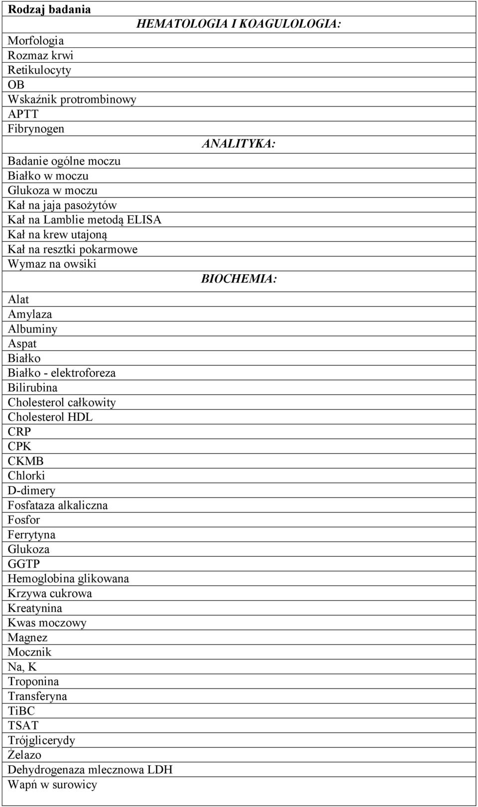 Białko Białko - elektroforeza Bilirubina Cholesterol całkowity Cholesterol HDL CRP CPK CKMB Chlorki D-dimery Fosfataza alkaliczna Fosfor Ferrytyna Glukoza GGTP