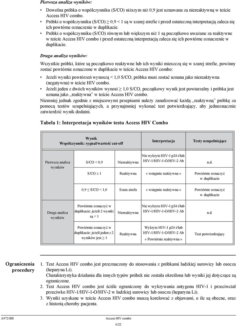 Próbki o współczynniku (S/CO) równym lub większym niż 1 są początkowo uważane za reaktywne w teście Access HIV combo i przed ostateczną interpretacją zaleca się ich powtórne oznaczenie w duplikacie.