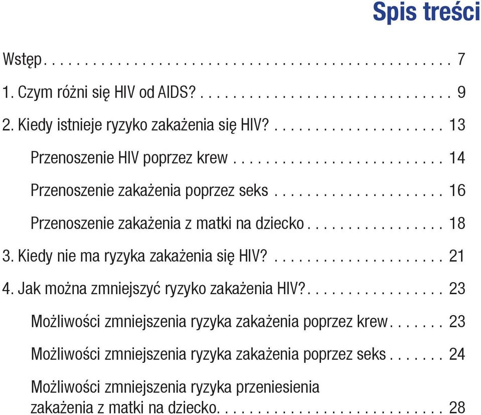 ................ 18 3. Kiedy nie ma ryzyka zakażenia się HIV?..................... 21 4. Jak można zmniejszyć ryzyko zakażenia HIV?