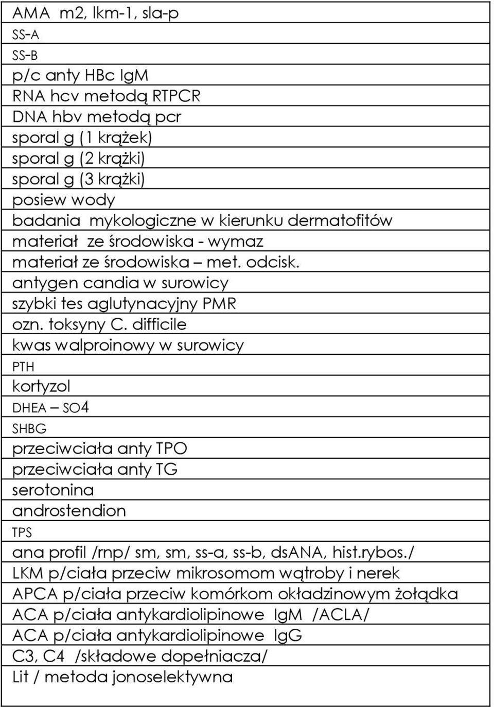 difficile kwas walproinowy w surowicy PTH kortyzol DHEA SO4 SHBG przeciwciała anty TPO przeciwciała anty TG serotonina androstendion TPS ana profil /rnp/ sm, sm, ss-a, ss-b, dsana, hist.rybos.